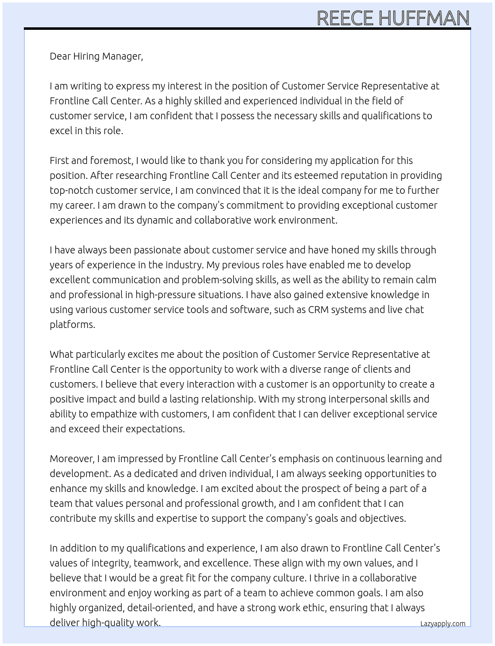 cusomer service representitive At Frontline call center Cover Letter