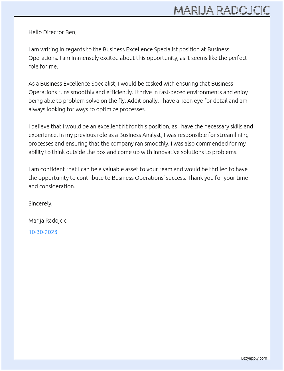 Business excellence specialist  At Business operations  Cover Letter