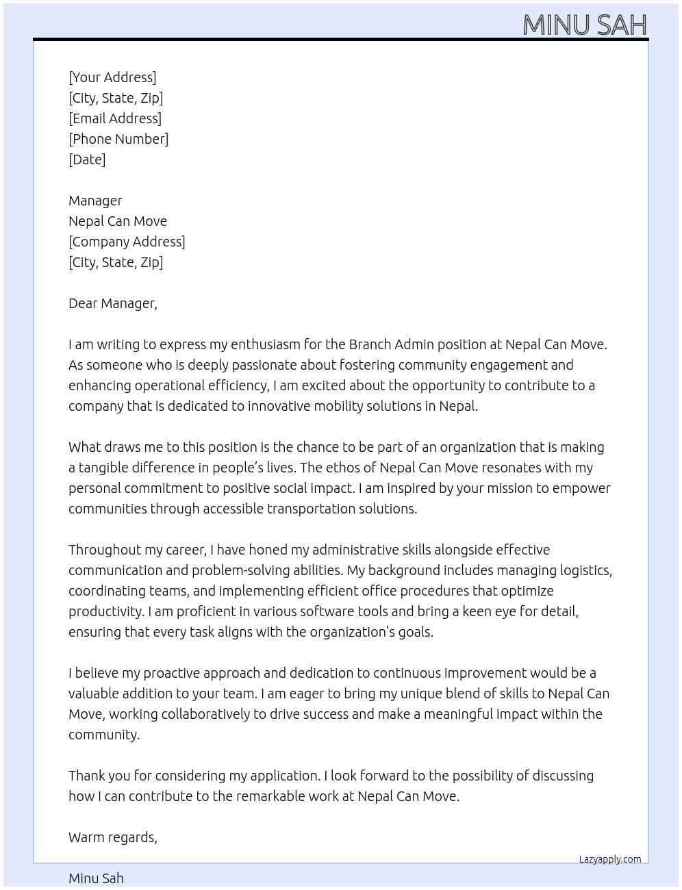 Branch admin At Nepal Can Move  Cover Letter