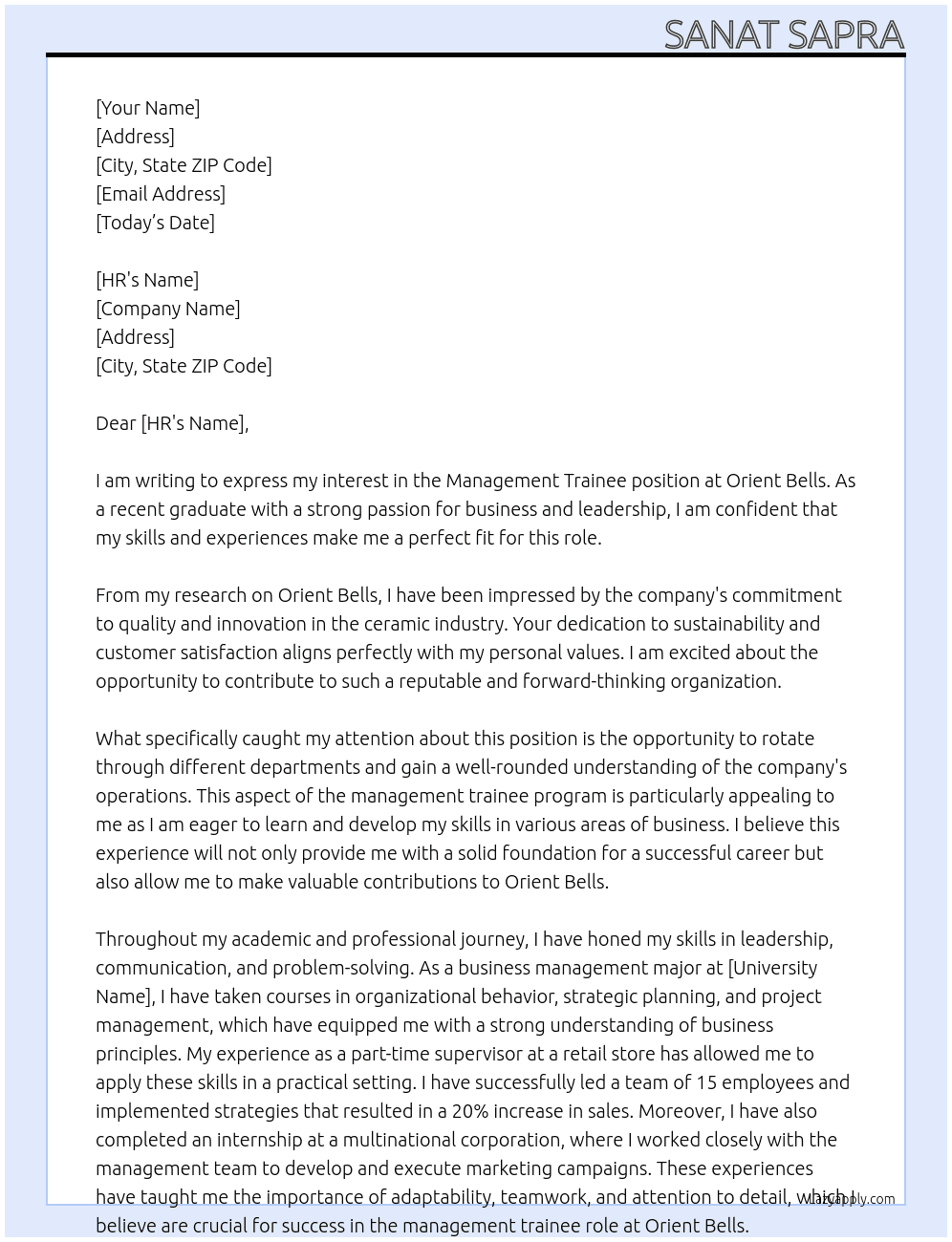 managementt traine At orient bells Cover Letter