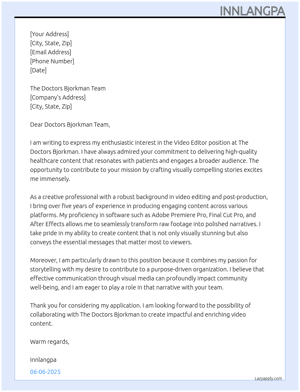 Cover letter for video editor - LazyApply
