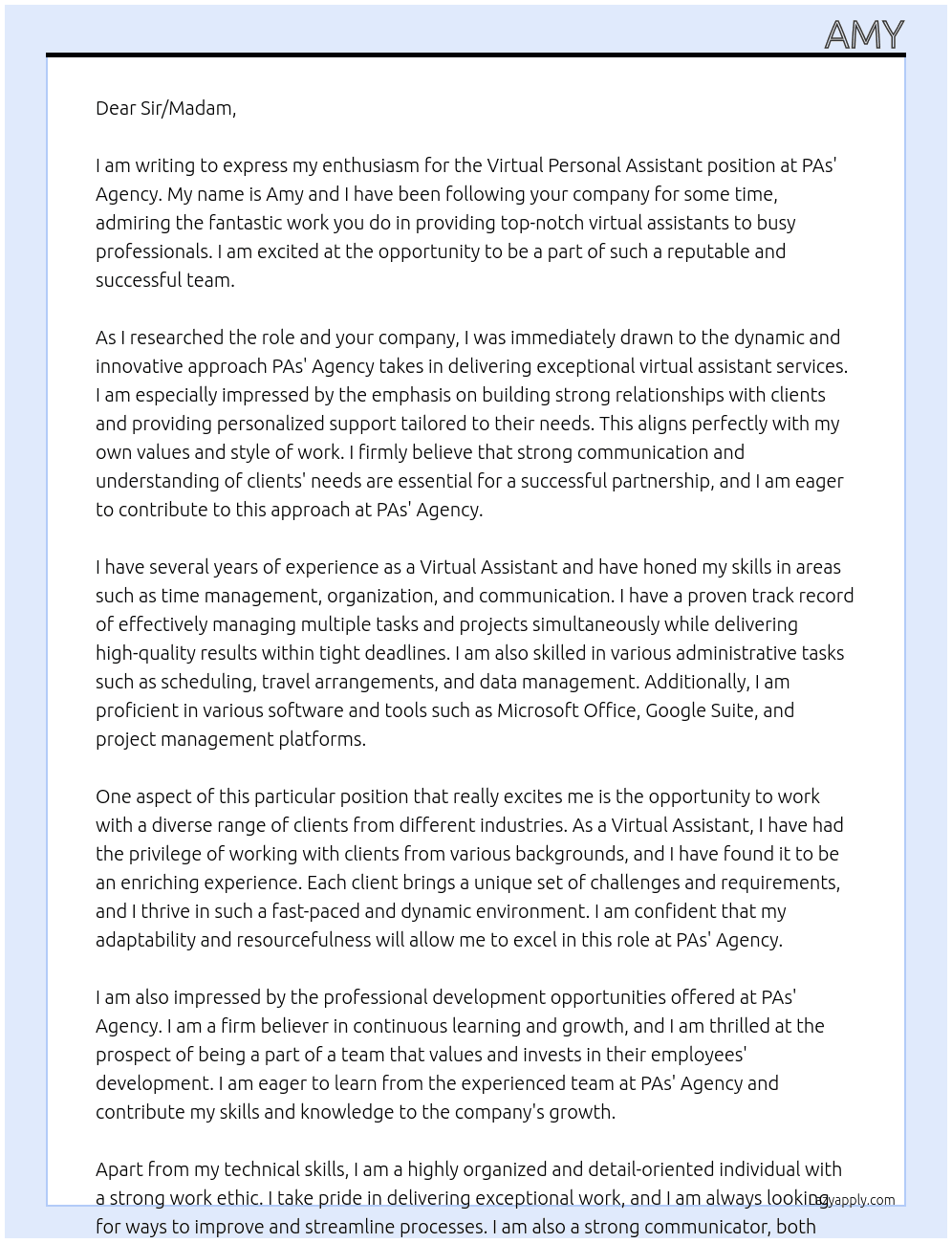 Virtual Personal Assistant At PAs' Agency Cover Letter