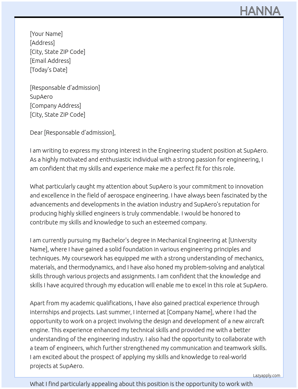 Engineering student At SupAero Cover Letter