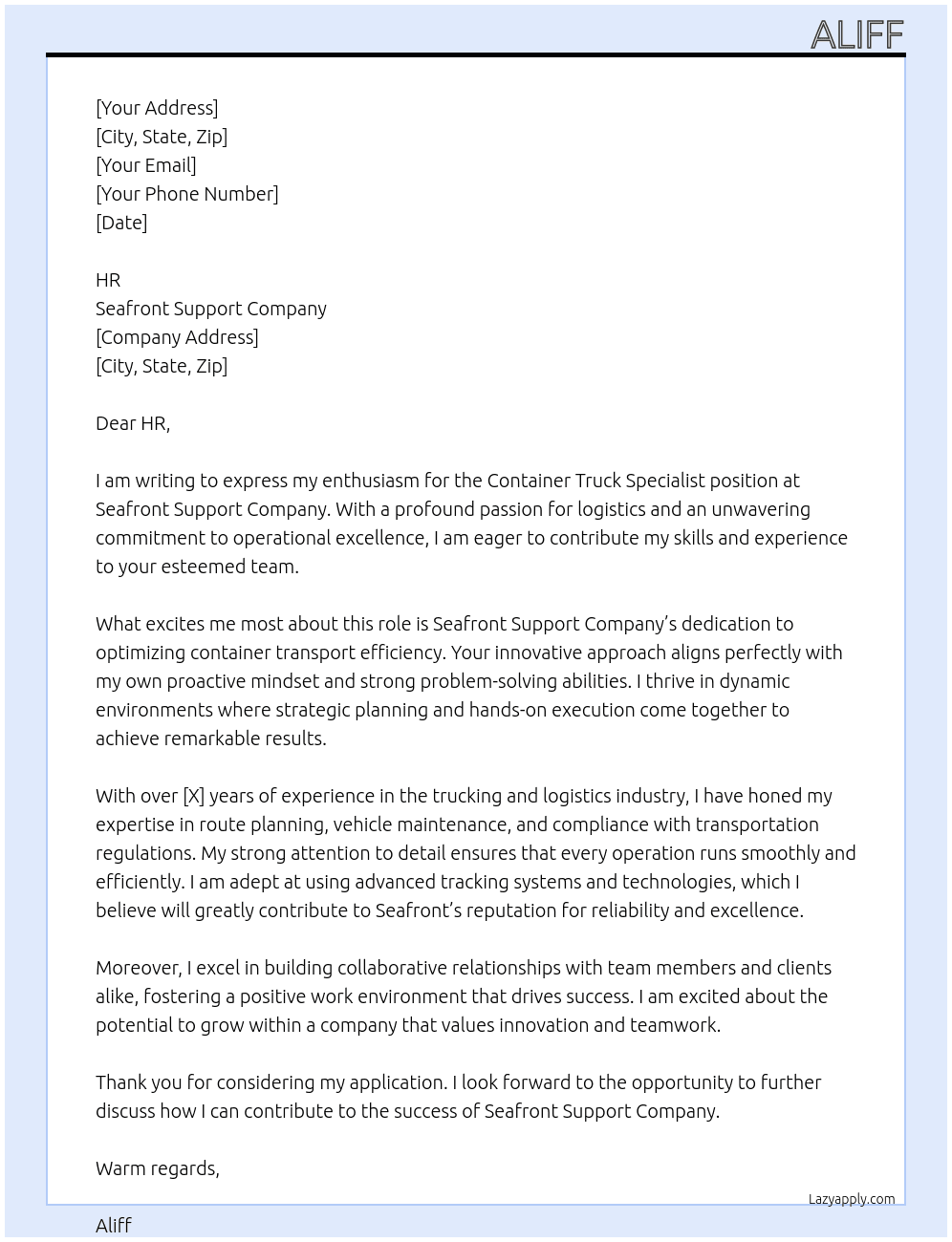 Cover letter for container truck specialist - LazyApply