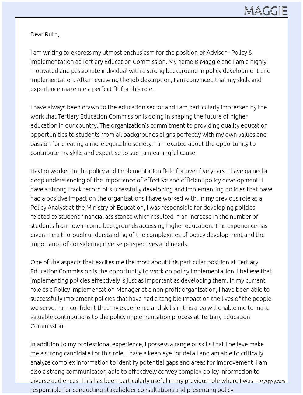 Advisor - Policy & Implementation At Tertiary Education Commision Cover Letter