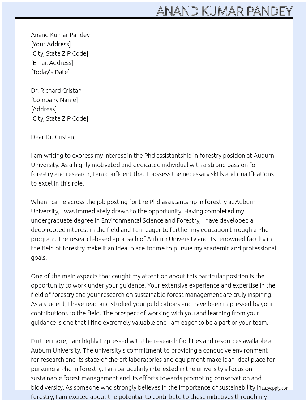 Phd assistantship in forestry  At Auburn University  Cover Letter