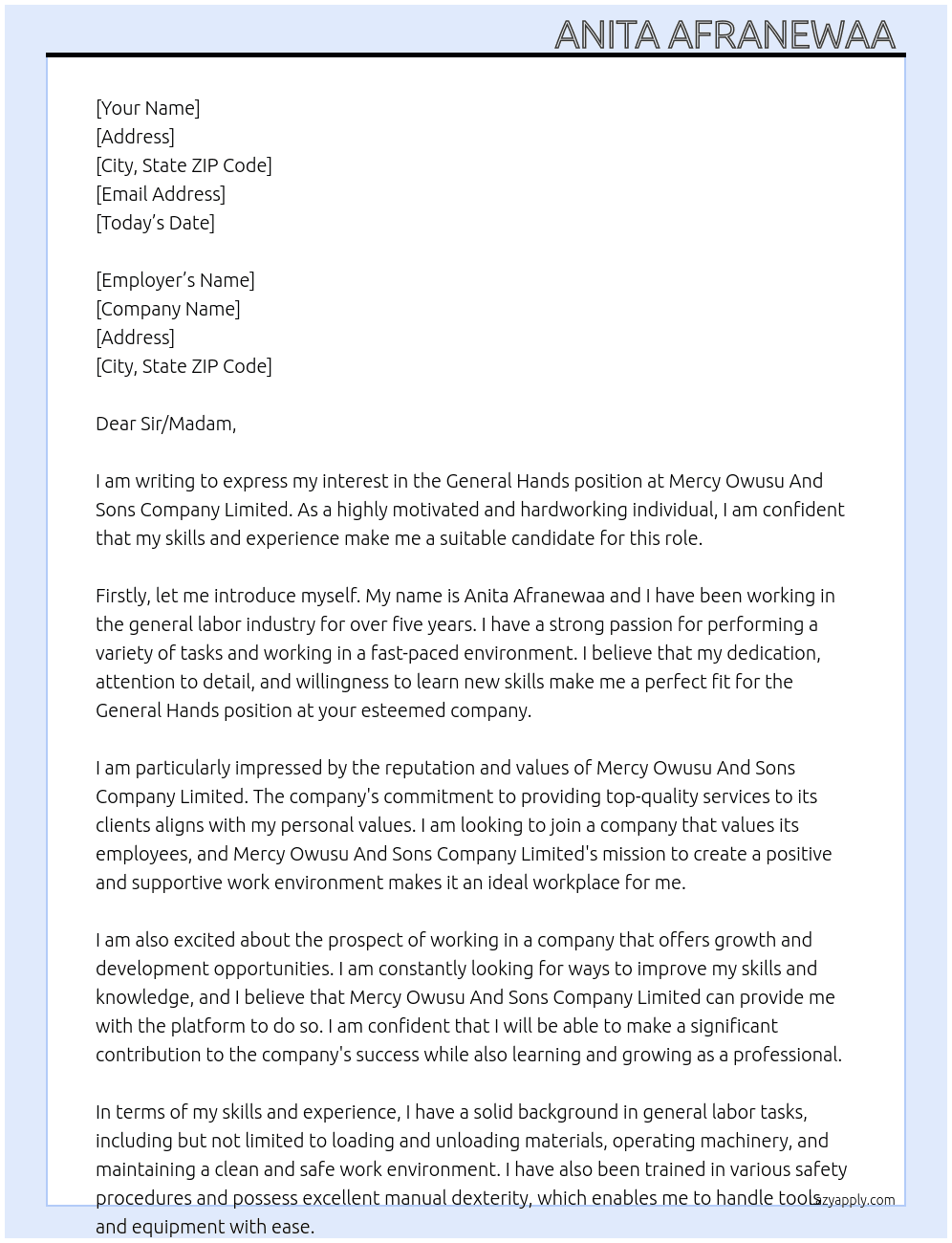 General hands  At Mercy Owusu And Sons Company Limited Cover Letter