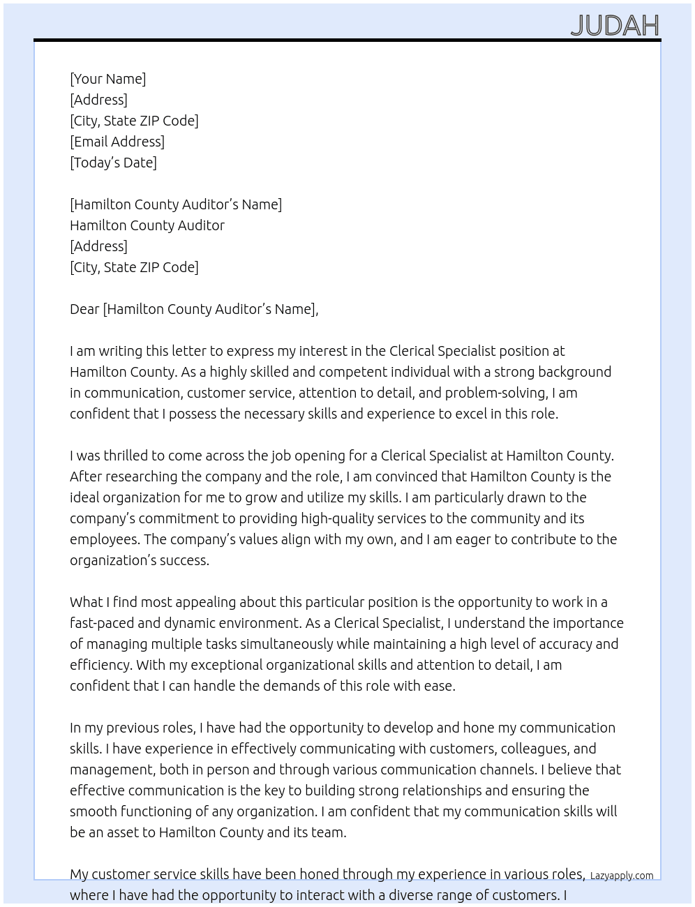 Clerical Specialist  At Hamilton County Cover Letter