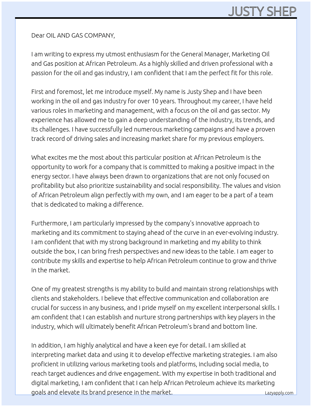 general managee, Markting oil and gas At AFRICAN PETROLEUM Cover Letter