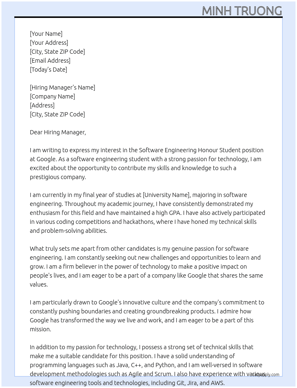 Cover letter for software engineering honour student - LazyApply