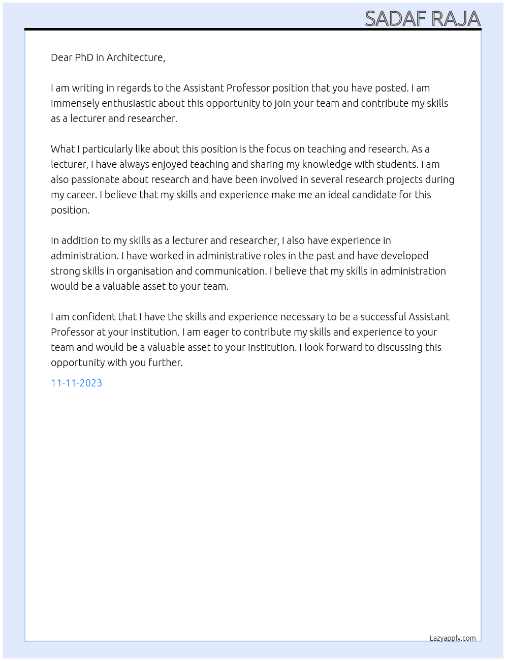 Assistant Professor At PhD in Architecture Cover Letter