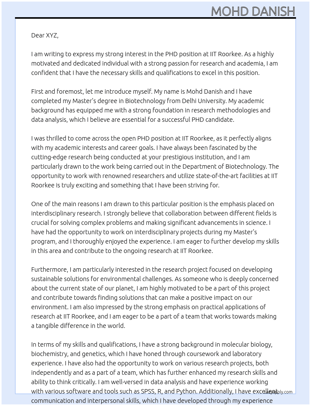PHD At IIT ROORKEE Cover Letter