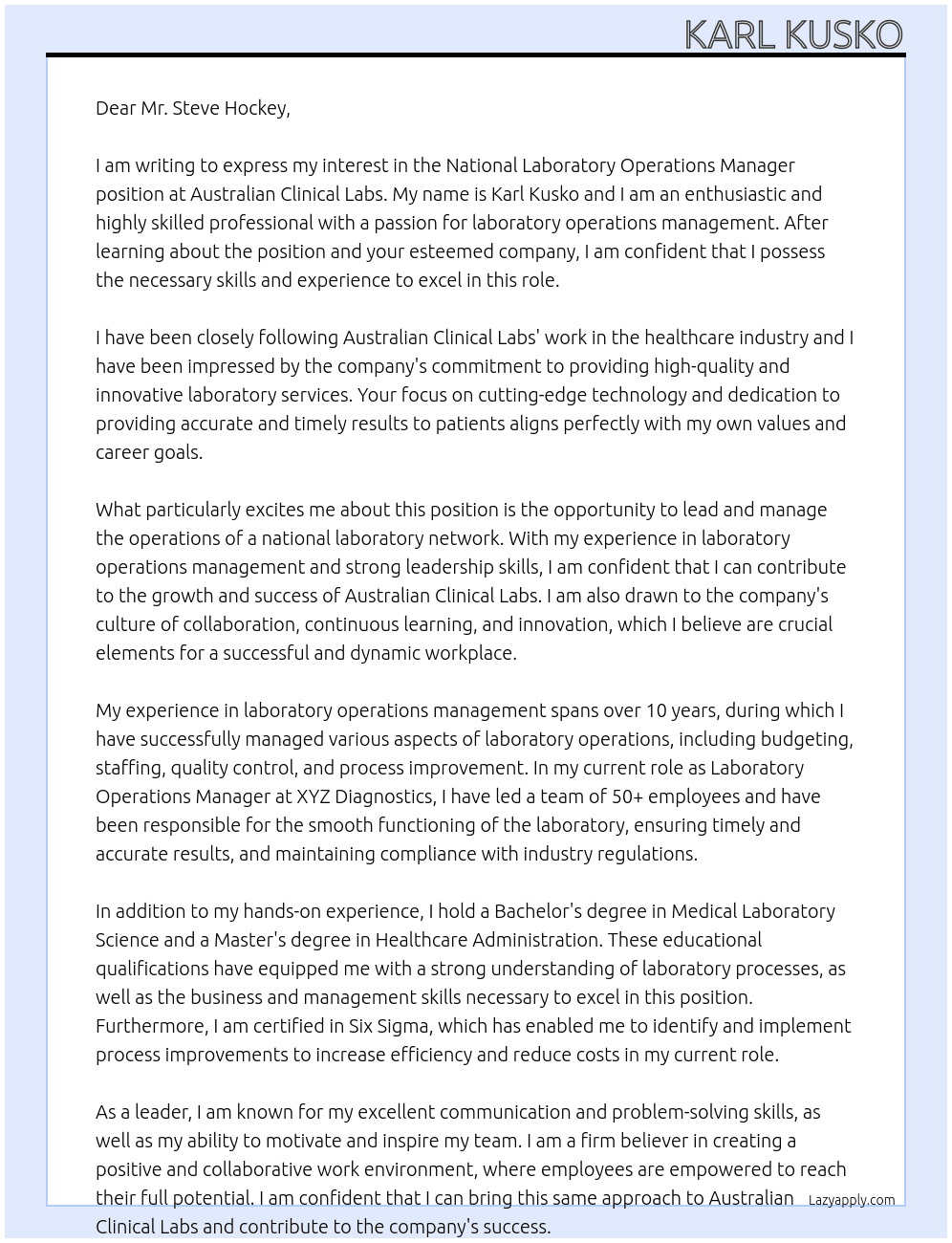 National Laboratory Operations Manager At Australian Clinical Labs Cover Letter
