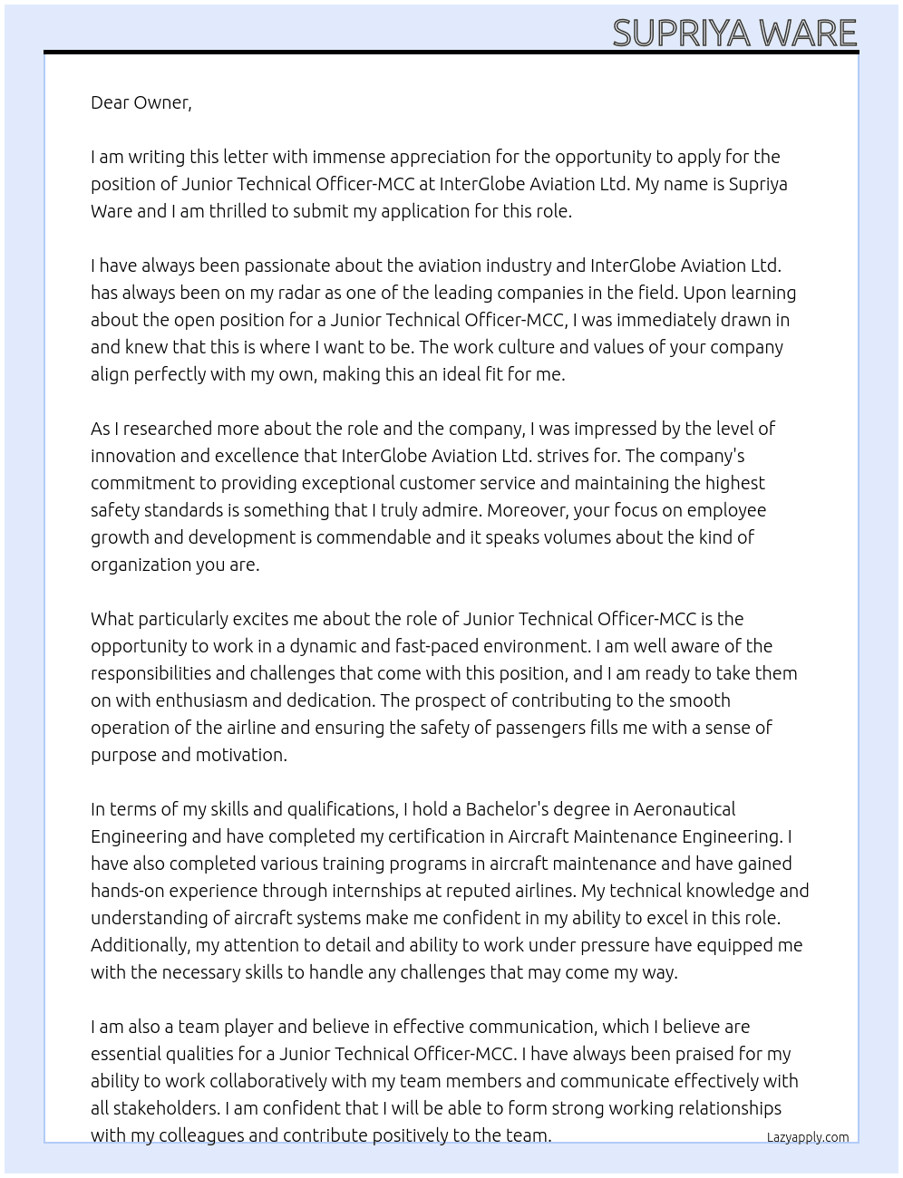 Cover letter for junior technical officer-mcc - LazyApply