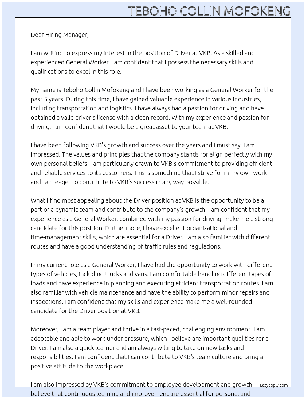Driver At Vkb Cover Letter