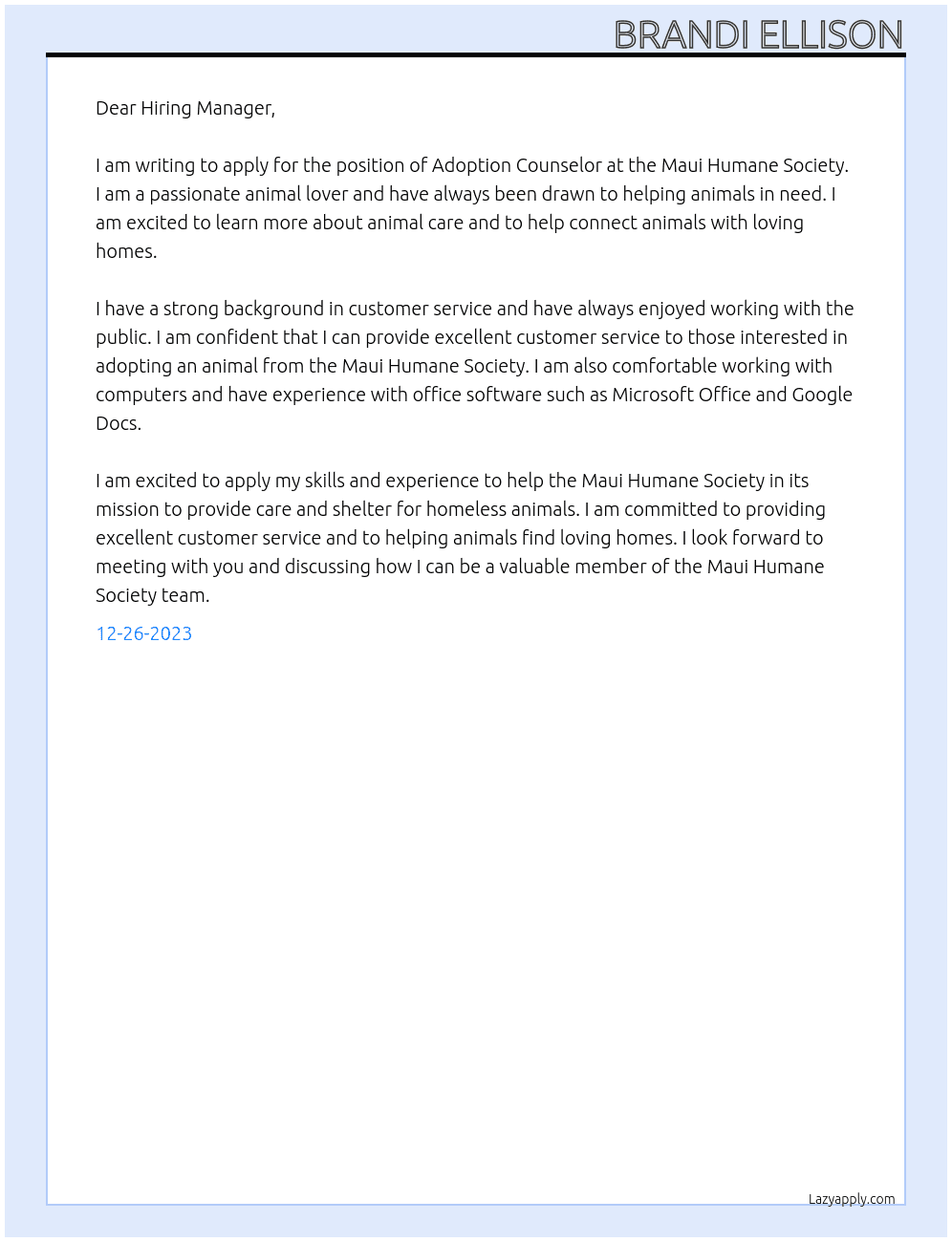 Adoption Counselor  At Maui Humane Society  Cover Letter