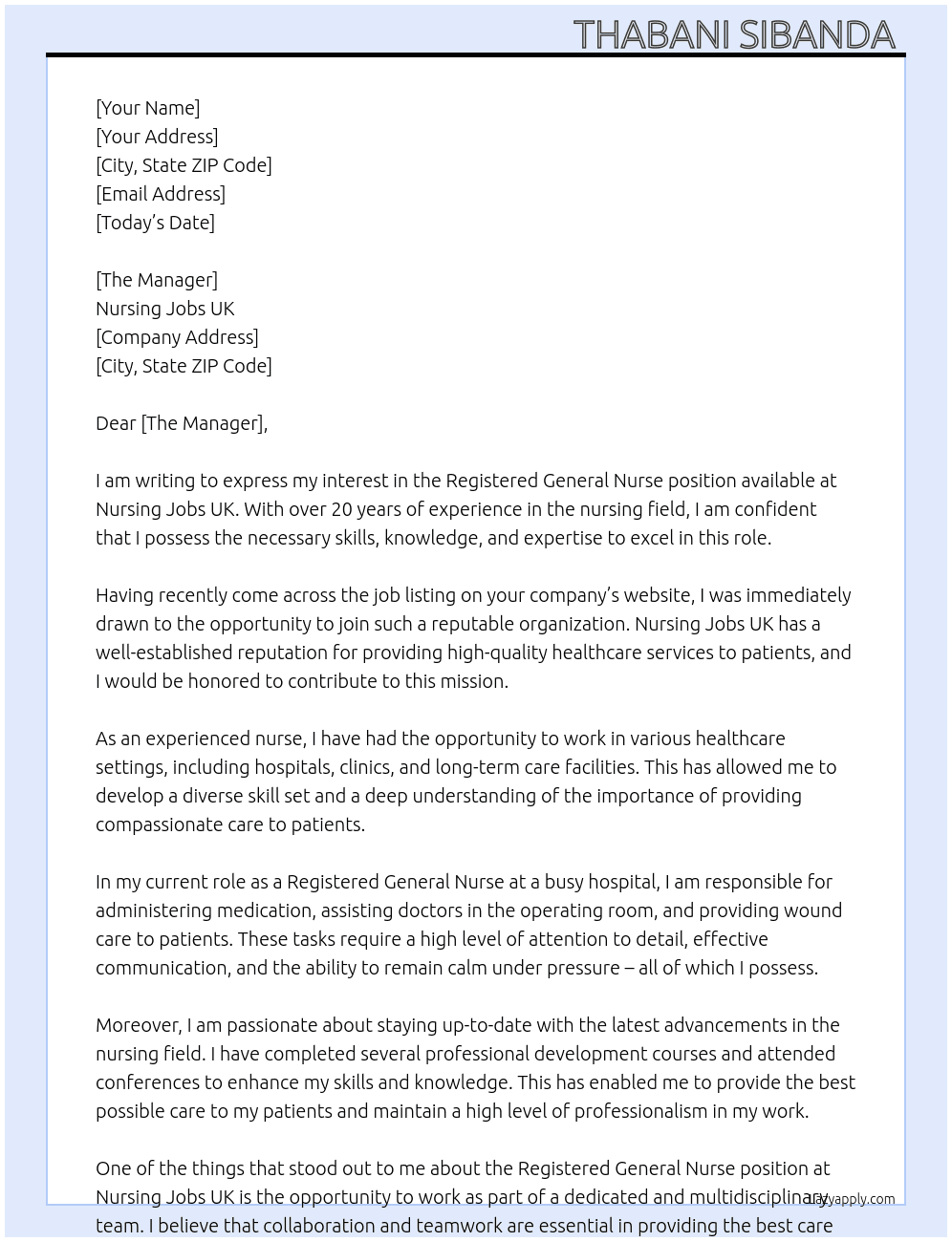 Registered General Nurse  At Nursing jobs UK Cover Letter