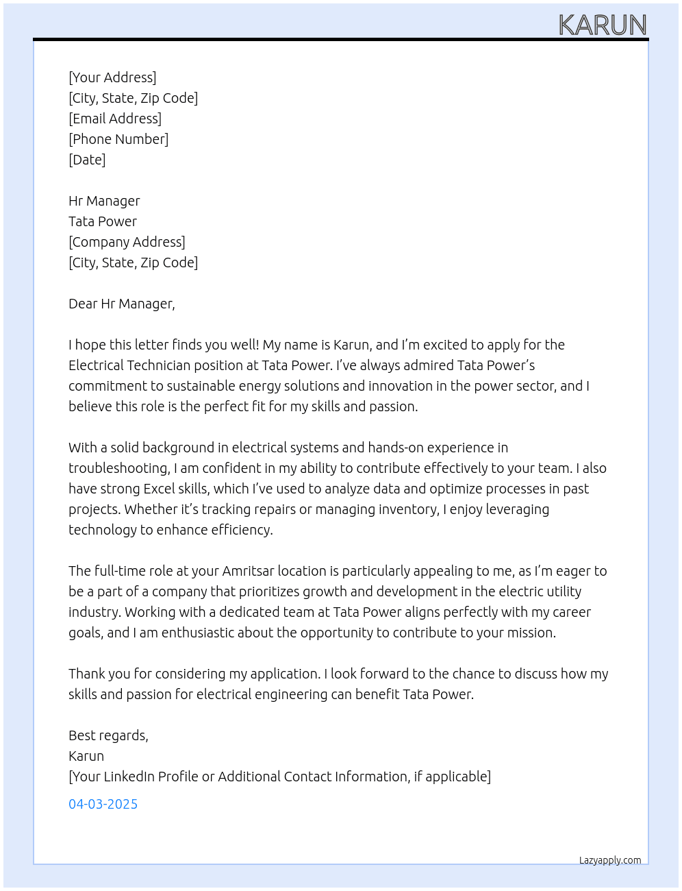 Electrical technician  At Tata power Cover Letter