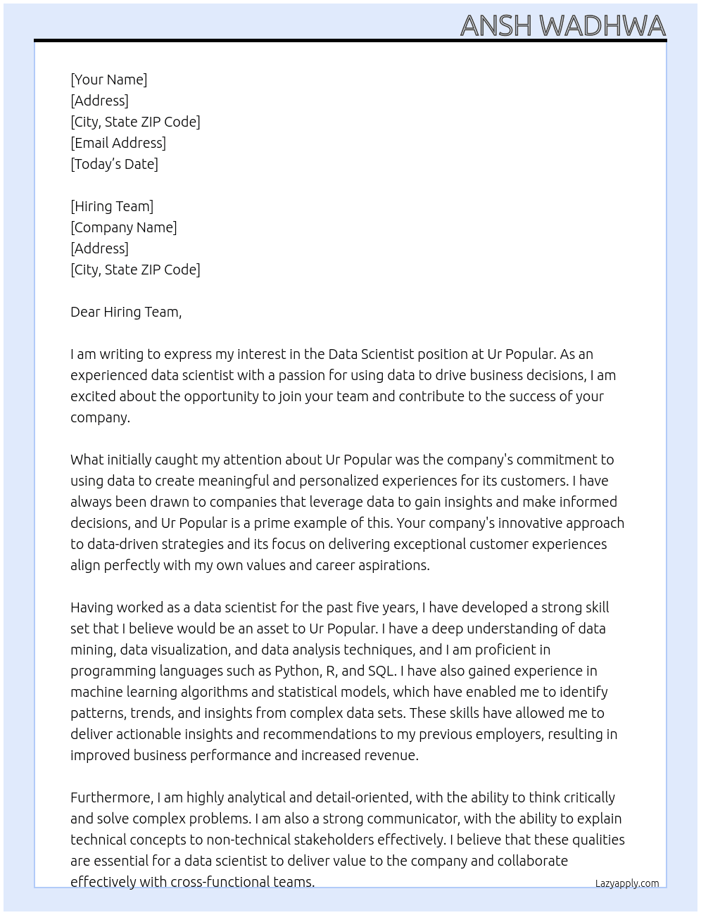 Data Scientist At Ur Popular Cover Letter