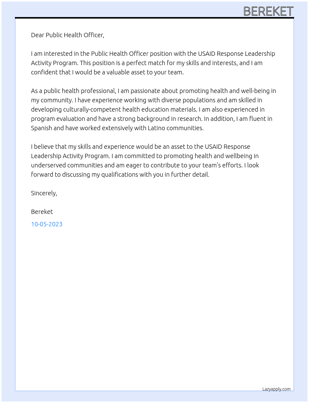 PUBLIC HEALTH OFFICER At USAID RESPONSE LEADER SHIP ACTIVITY PROGRAM  Cover Letter