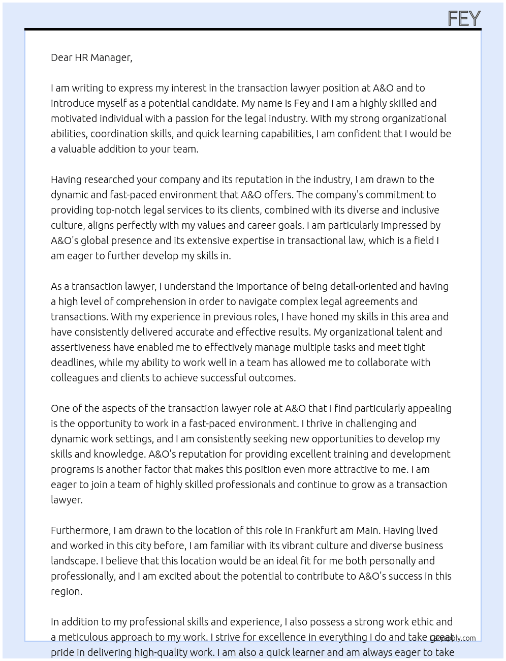 Transaction lawyer At A&O Cover Letter