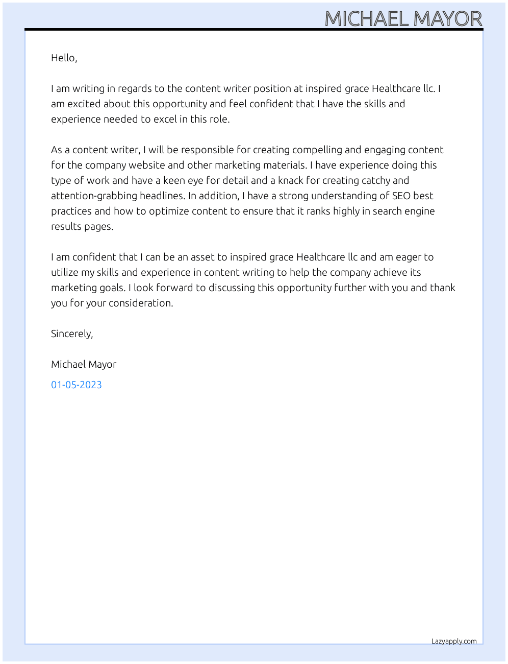 content writer At inspired grace Healthcare llc Cover Letter