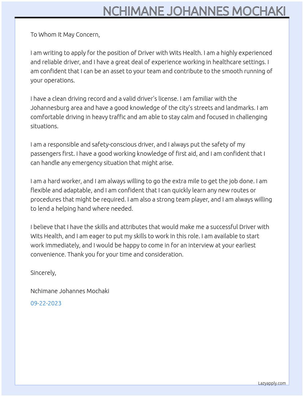 Driver At NCDRD Cover Letter