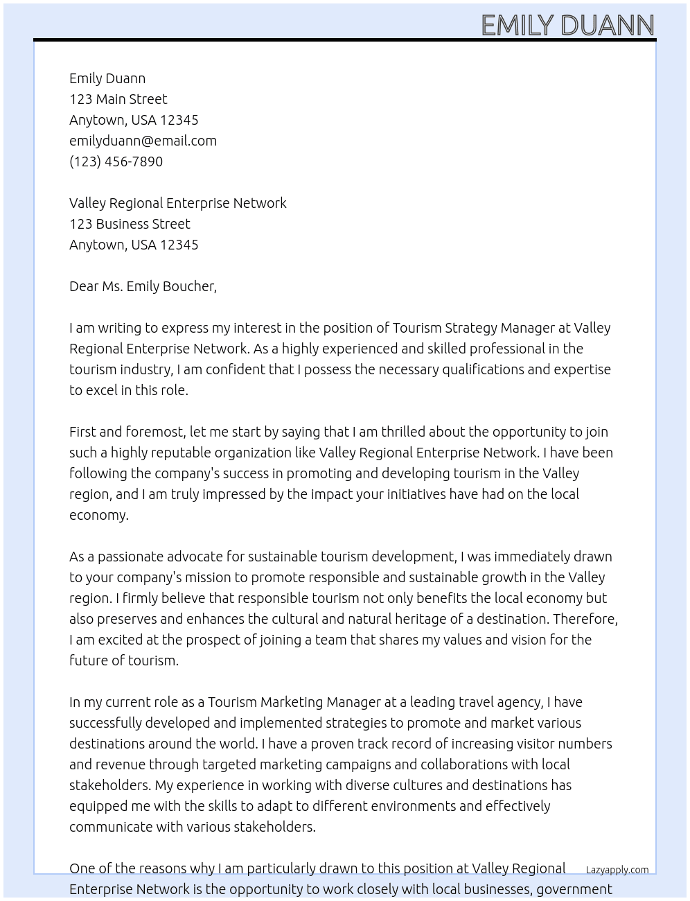 Tourism Strategy Manager At Valley Regional Enterprise Network Cover Letter