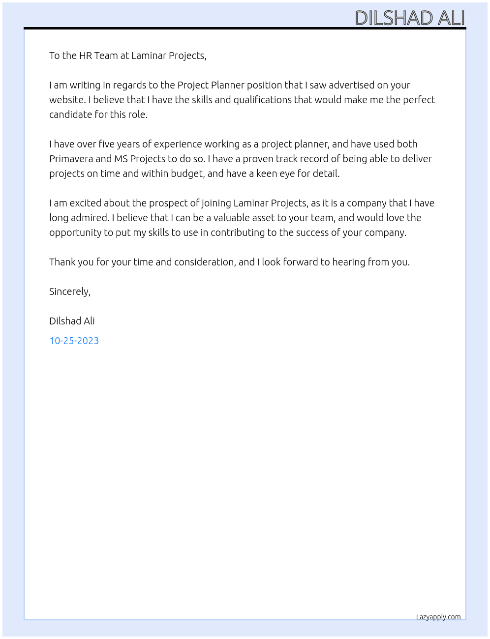 Project Planner At Laminar Projects Cover Letter