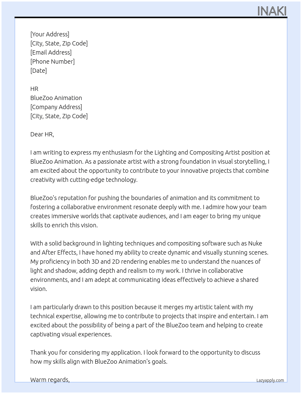 Lighting and Compositing Artist At bluezoo animation Cover Letter