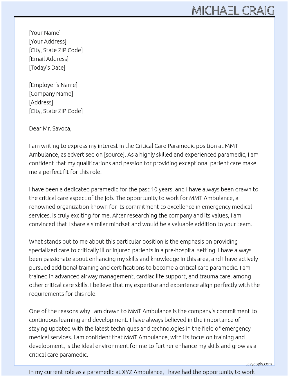 Critical Care Paramedic At MMT Ambulance Cover Letter