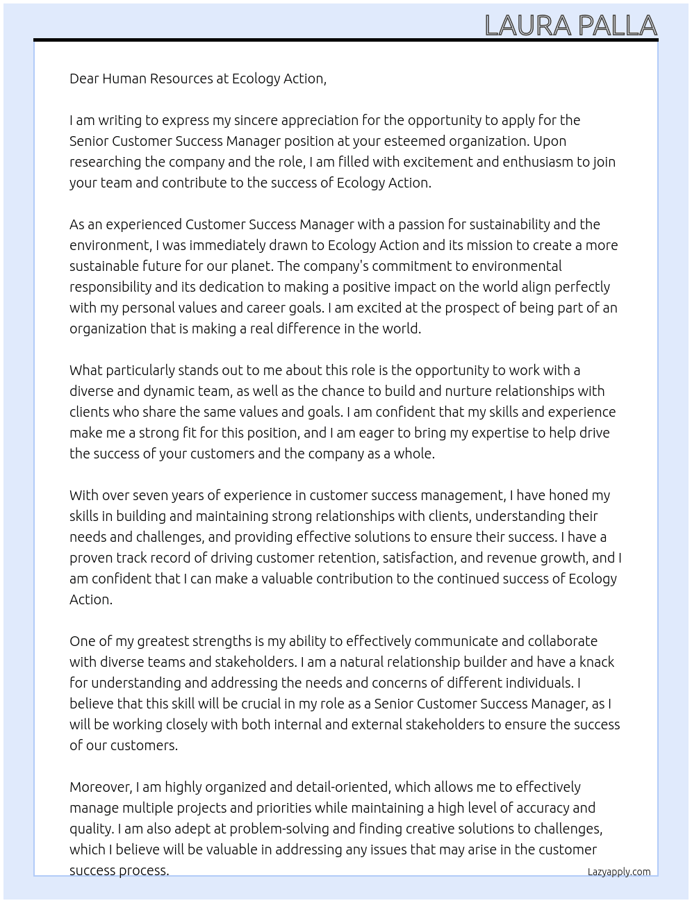 Senior Customer Success Manager At Ecology Action Cover Letter