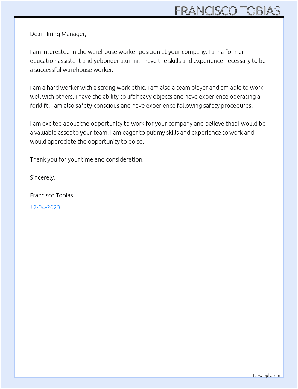 Former education assistant and yeboneer alumni At Warehouse worker Cover Letter