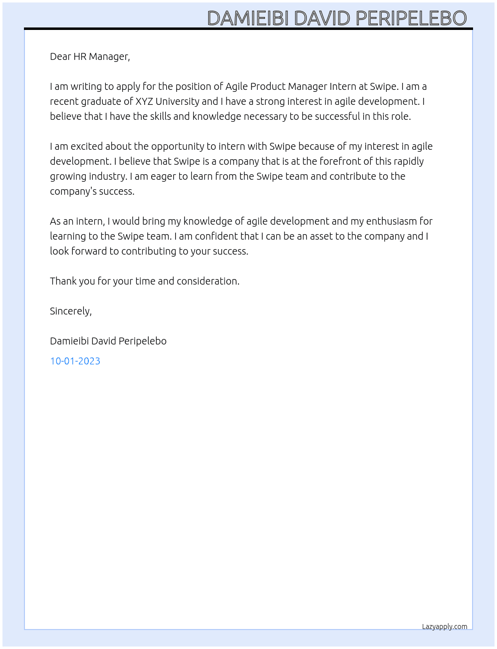 Agile Product Manager Intern At Swipe Cover Letter