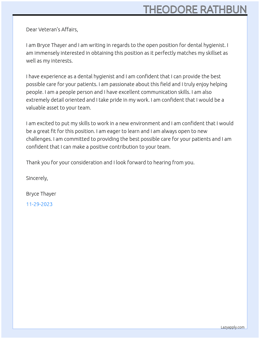 Dental Hygienist At Veteran's Affair Cover Letter