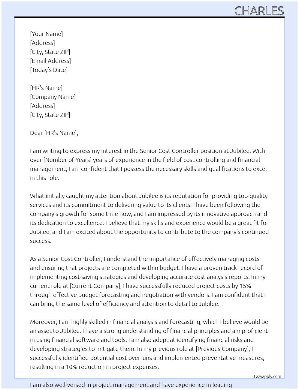 senior cost controller At jubilee Cover Letter