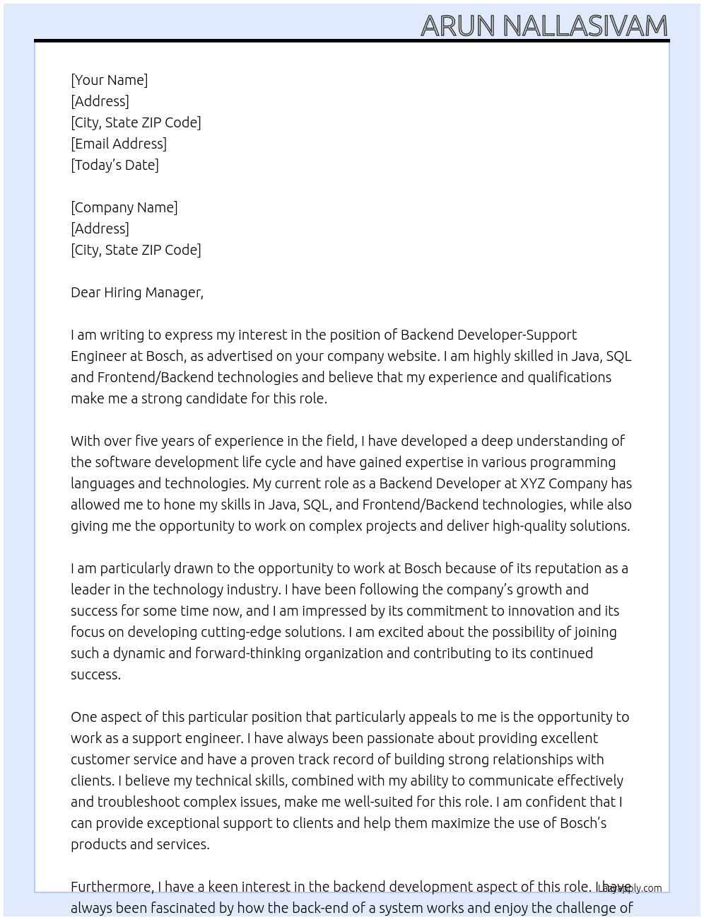 Cover letter for backend developer-support engineer - LazyApply