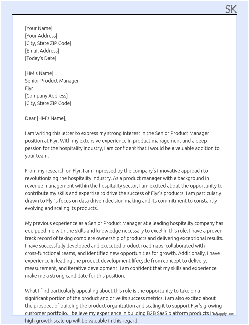 Senior product Manager At Flyr Cover Letter