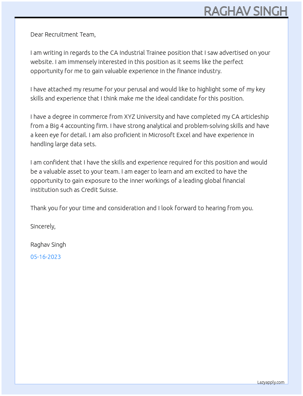 CA industrial trainee At Credit suisse  Cover Letter
