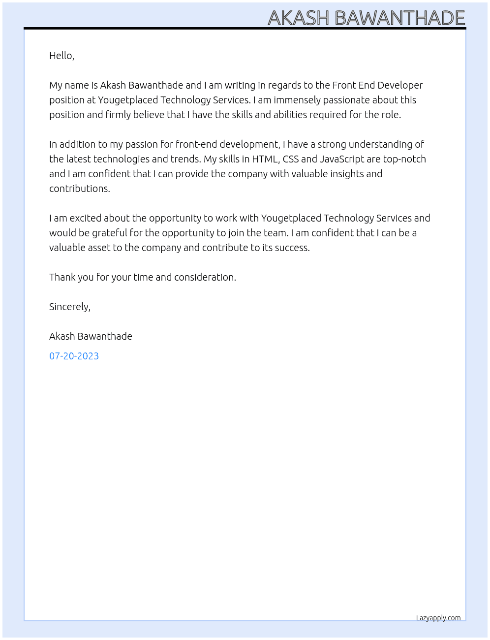Front End Developer At Yougetplaced Technology Services Cover Letter