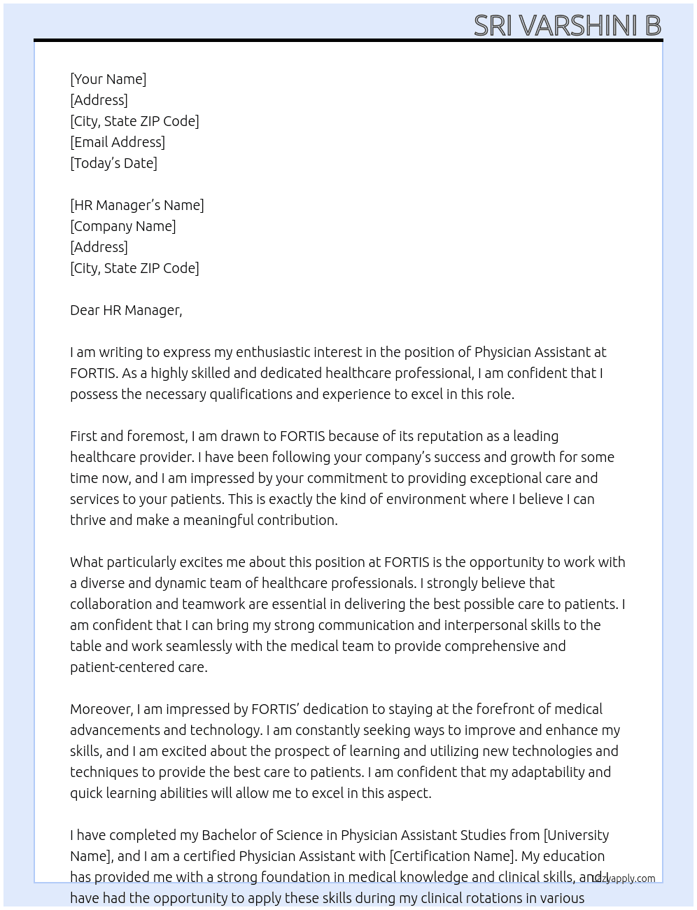 Physician Assistant At FORTIS  Cover Letter