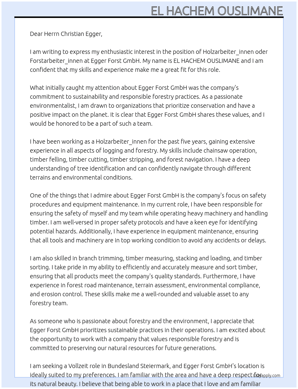 Holzarbeiter_innen oder Forstarbeiter_innen At Egger Forst GmbH Cover Letter
