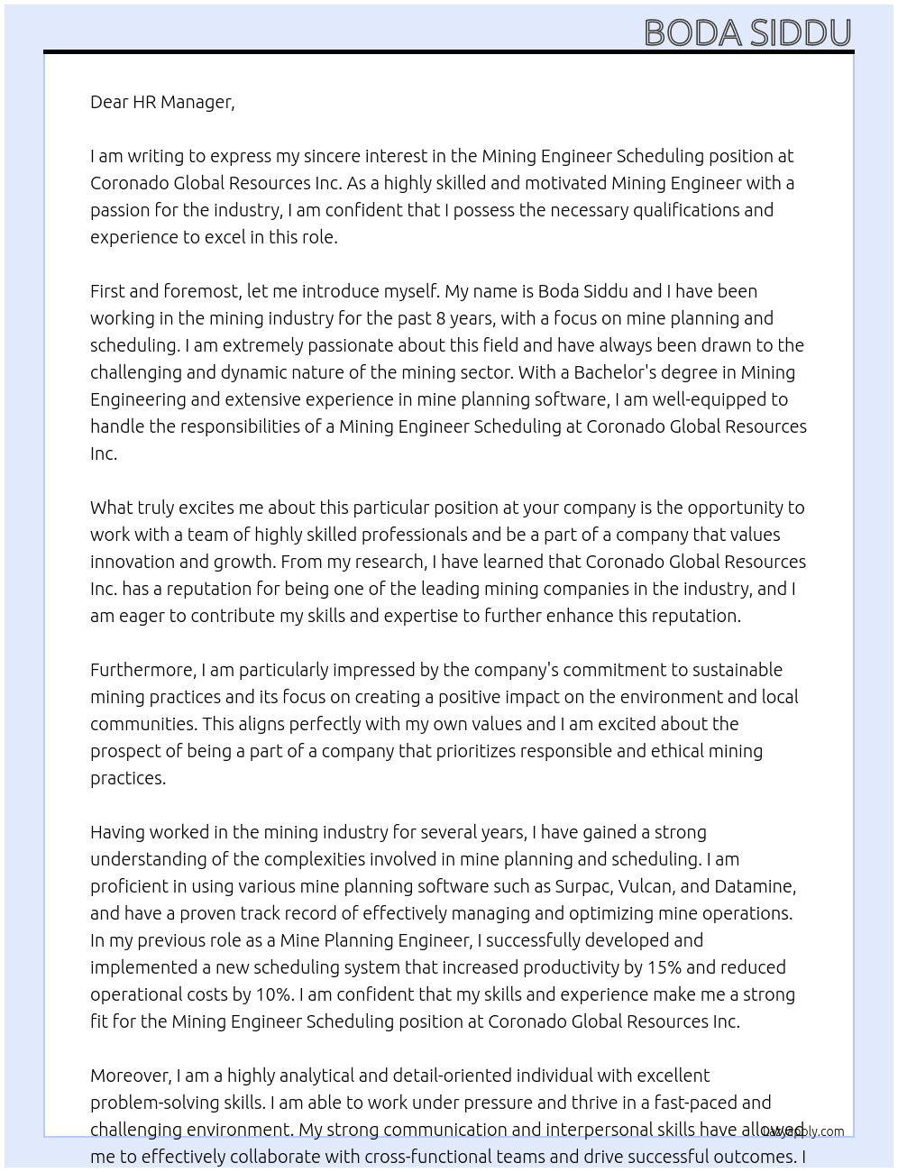 Mining Engineer Scheduling At coronado Global Resources Inc. Cover Letter