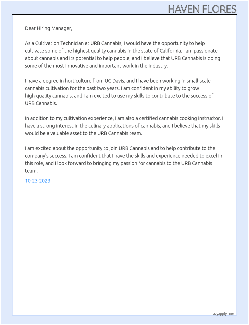 Cultivation Technician At URB Cannabis Cover Letter