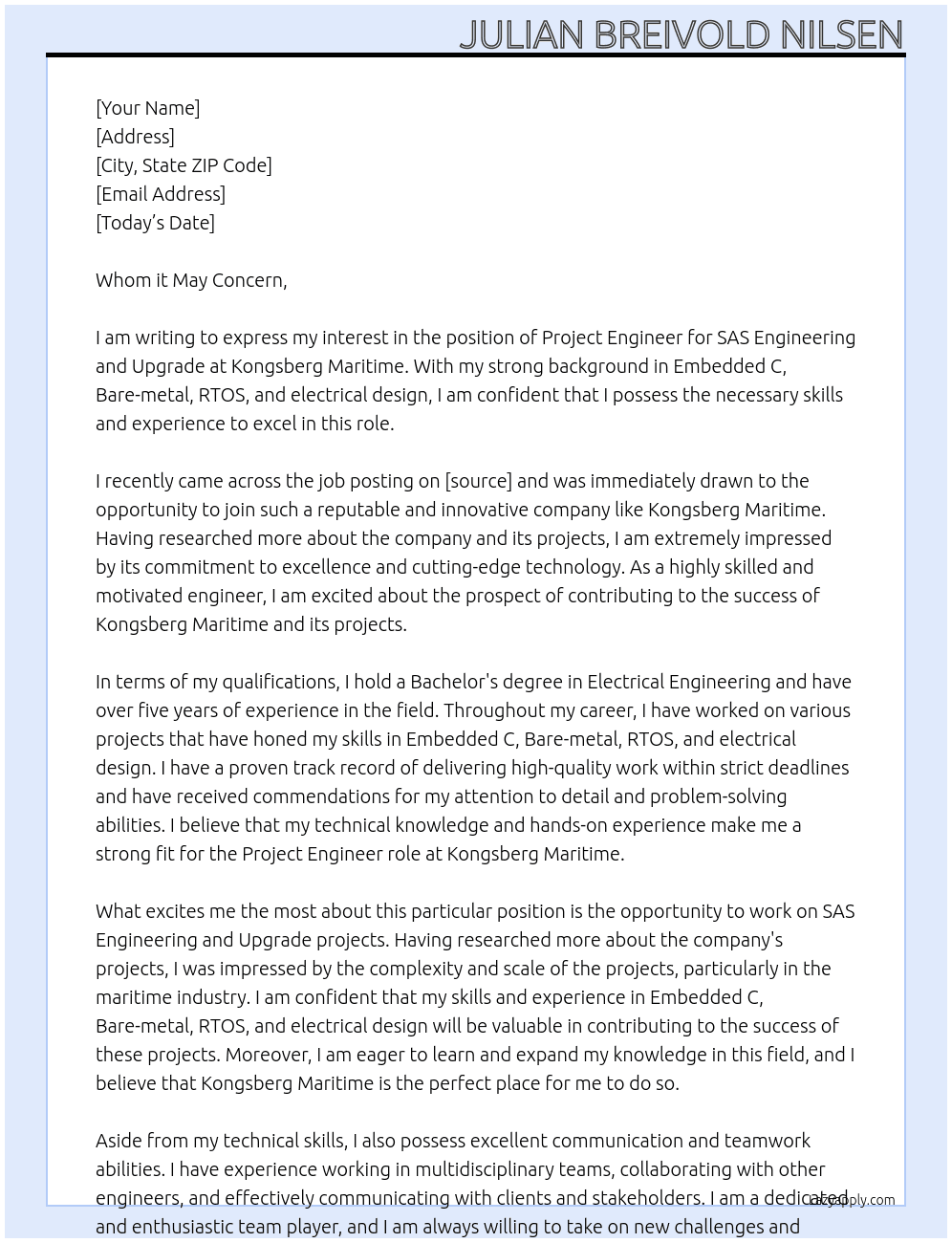 Project Engineer - SAS Engineering and Upgrade At Kongsberg Maritime Cover Letter