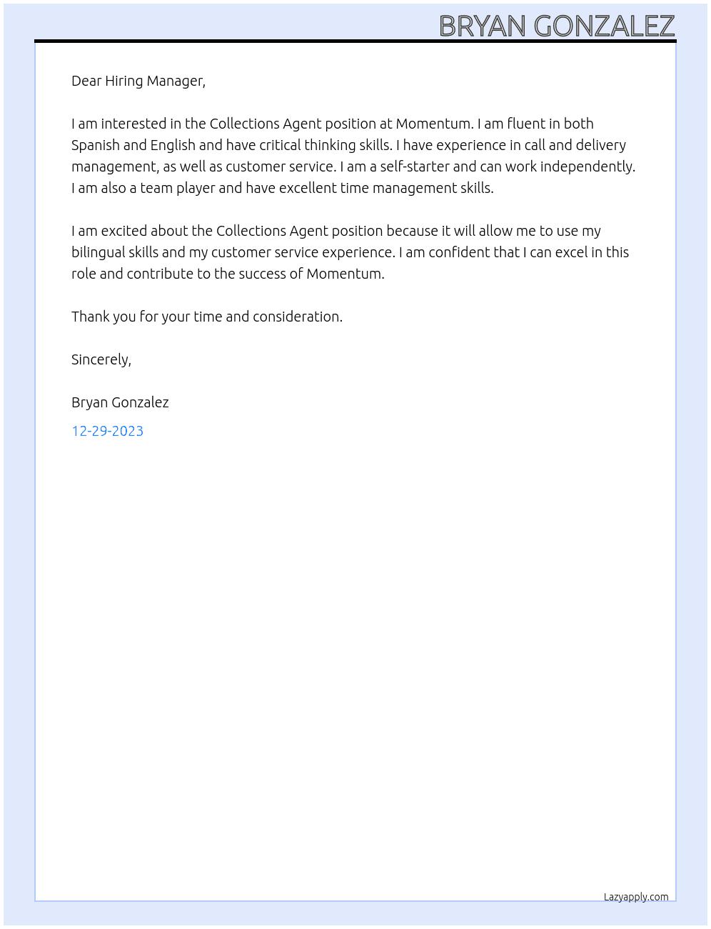 Collections Agent At Momentum Cover Letter
