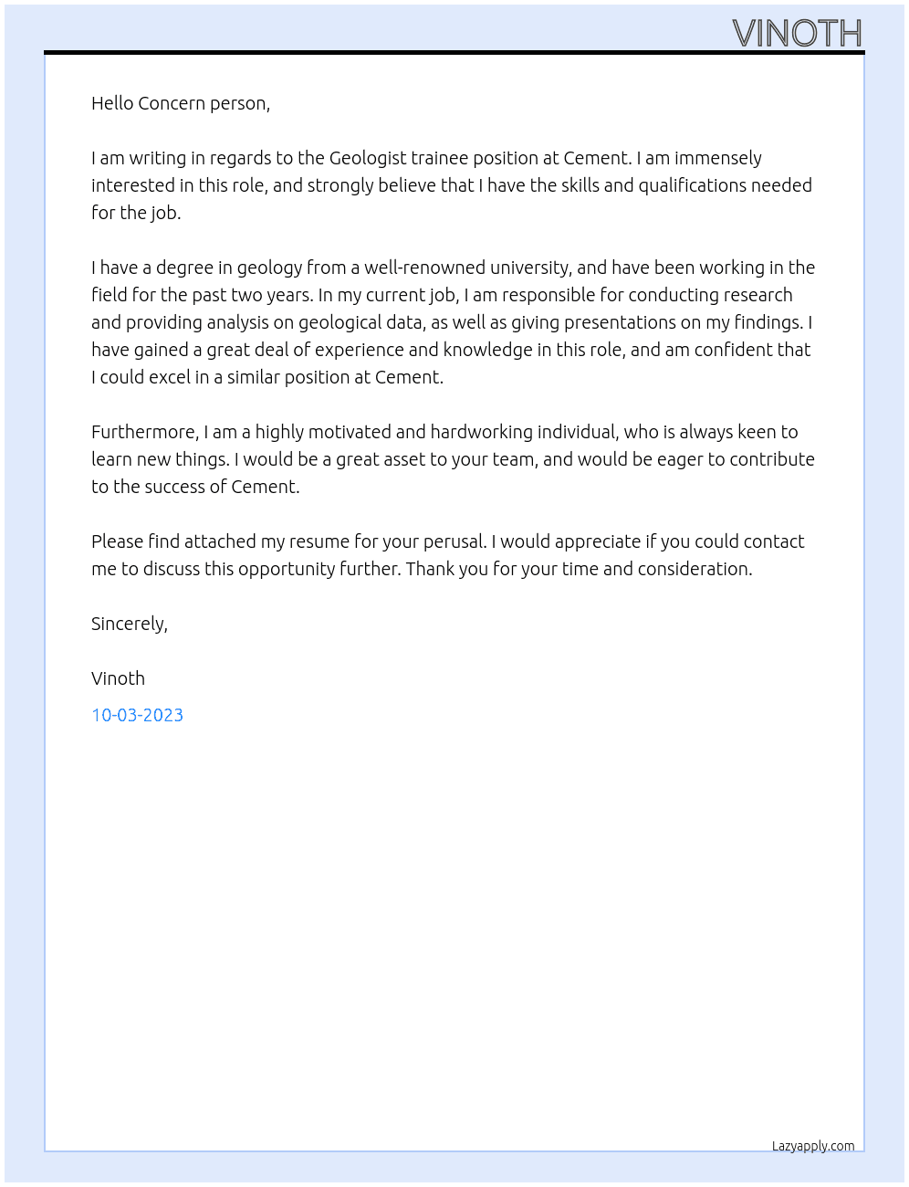 Geologist trainee At Cement  Cover Letter