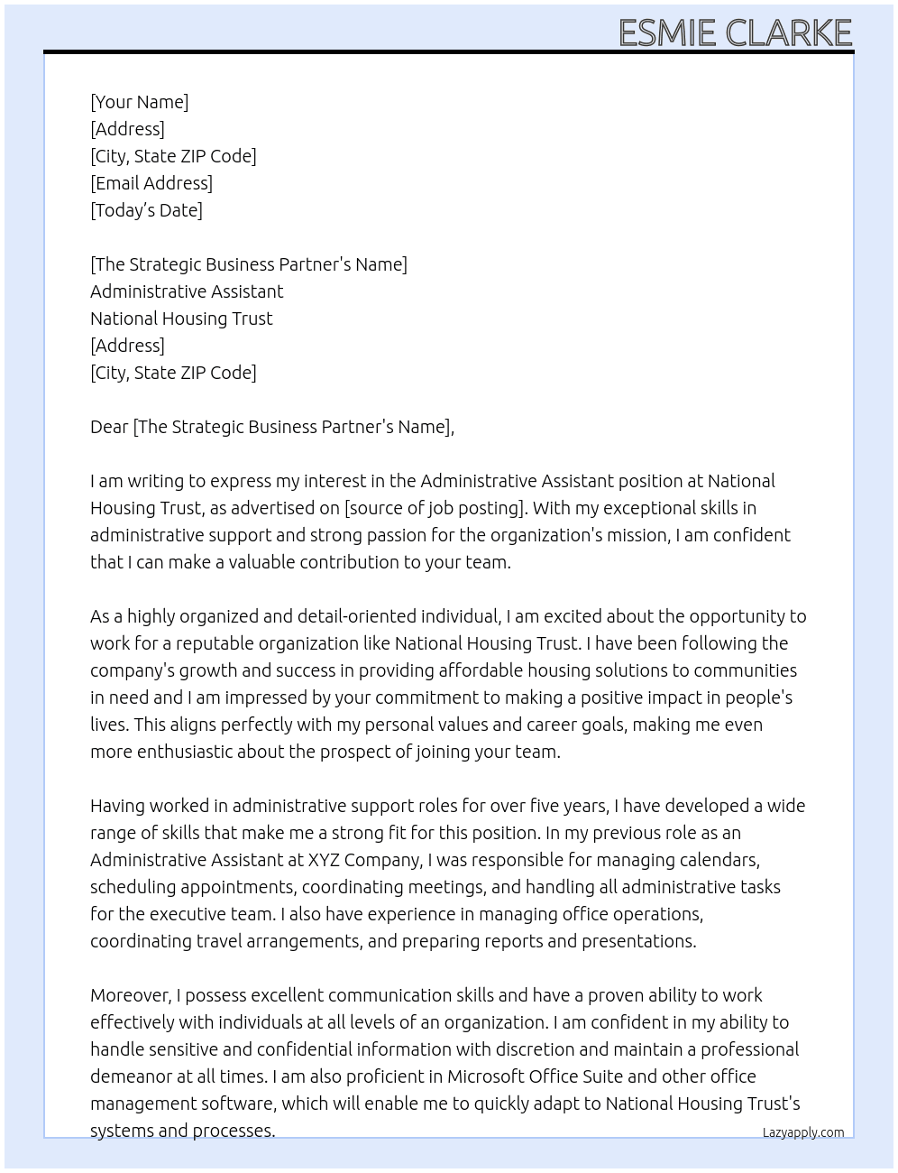 Administrative Assistant At National Housing Trust Cover Letter