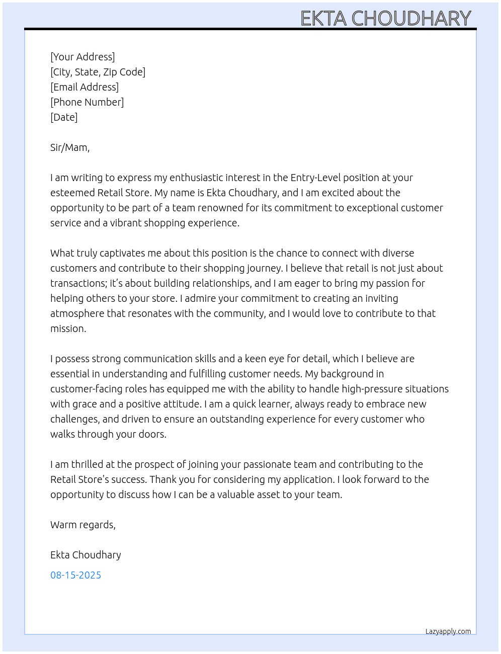 Entry  level  At Retail store  Cover Letter