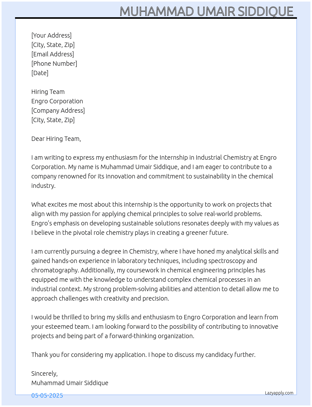 Internship industrial Chemistry  At Engro corporation  Cover Letter